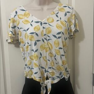 Pink Rose White Lemon-Print Tie-Front V-Neck Top